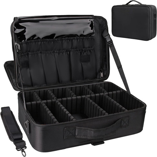 LWDZLHD Black Makeup Bag organizer Large Makeup Travel Bags 16" with Shoulder Strap and Adjustable Dividers Cosmetic Case for Women Make up Accessories