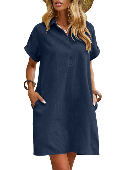 Zeagoo Womens Cotton Shirt Dress Summer Casual Short Sleeve Button Down Shirts Tunic Dress with Pockets Navy Blue Zeagoo Womens Cotton Shirt Dress Summer Casual Short Sleeve Button Down Shirts Tunic Dress with Pockets Navy Blue