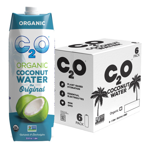 C2O Pure Coconut Water Organic | Plant Based | Non-GMO | Essential Electrolytes | 33.8 Fl Oz (Pack of 6)