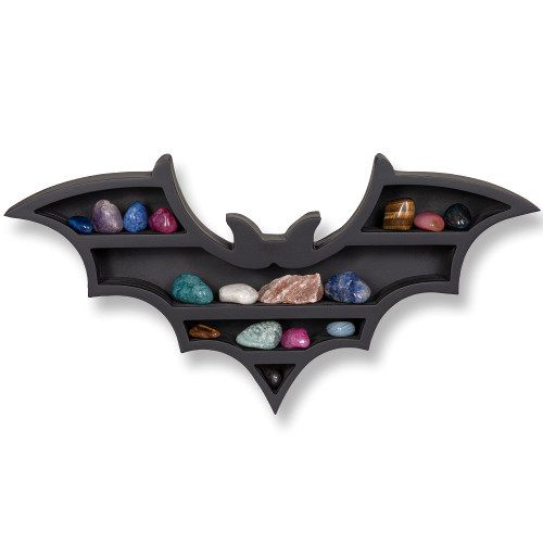RUSTIX Black Vampire Bat Shelf - Crystal Holder for Spooky Horror Gothic Witchy Room Decor - Wall Mounted Hanging Floating Wooden Shelves for Goth Kitchen Bedroom or Bathroom
