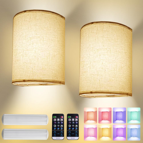 Moobibear Battery Operated Wall Sconces Set of Two, 16 RGB Colors Changeable Dimmable Wall Light with Remote Control Height Fabric Sconces, Wall Lighting Wall Lamp for Bedroom Living Room Hallway