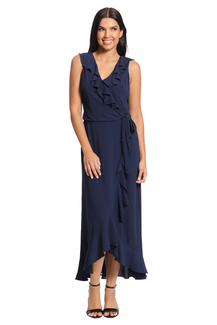 London Times Women's Soft and Flowy Feminine Ruffle Hi-Low Faux Wrap Maxi Dress, Navy Blazer