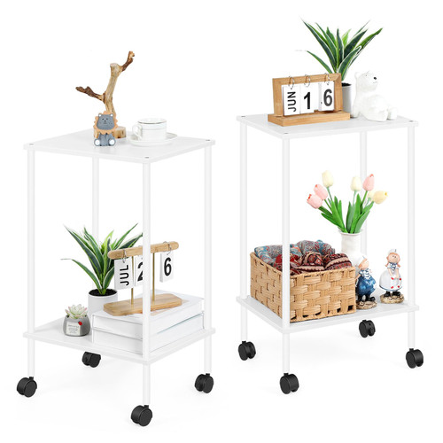 Vrisa Nightstand Stand Set 2 Side Table Livingroom Bedside Tables for Small Spaces End Tables Set of 2 Small Narrow End Table with Wheels 2-Tier Space Saving for Living Room Bedroom Office, White