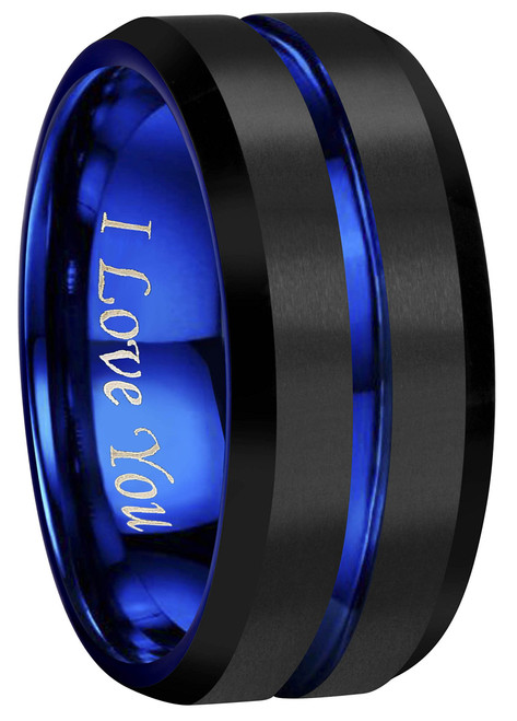 4mm 6mm 8mm 10mm Blue Groove Black Matte Finish Tungsten Carbide Wedding Band Ring Engraved I Love You (10mm,17)
