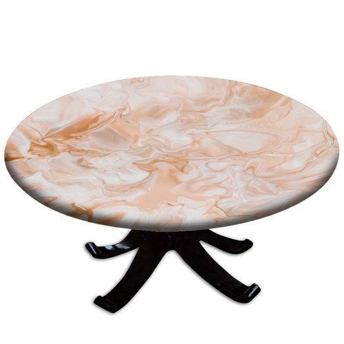 Marble Round Fitted Polyester Tablecloths, White Orange Marble Elastic Edge Decorative Table Cover, Dust Proof Washable Fabric Table Cover, For Garden Patio Picnic Table Cloth, Fit for 52" Table