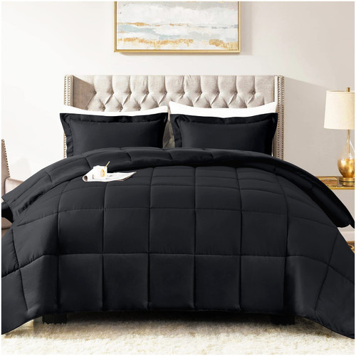 satisomnia Twin Size Comforter Black Bed Comforter Set Solid Summer Comforter Lightweight All Season Down Alternative Bedding Set with 1 Pillow Sham, Twin XL Black 68"x90"