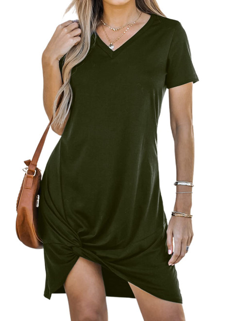 CUPSHE Women Short Sleeve Casual Shirts Dress Summer V-Neck Twisted Mini Knit Dresses Olive Green