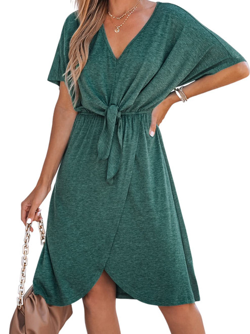 CUPSHE Women's Bow V-Neck Mini Dress Short Sleeves Solid Knit Dresses Casual Summer XL Green