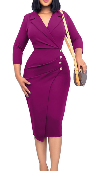 Women's Plus Size Work Midi Dress 3/4 Sleeve V Neck Ruched Office Business Bodycon Dresses 2XL Purple Women's Plus Size Work Midi Dress 3/4 Sleeve V Neck Ruched Office Business Bodycon Dresses 2XL Purple