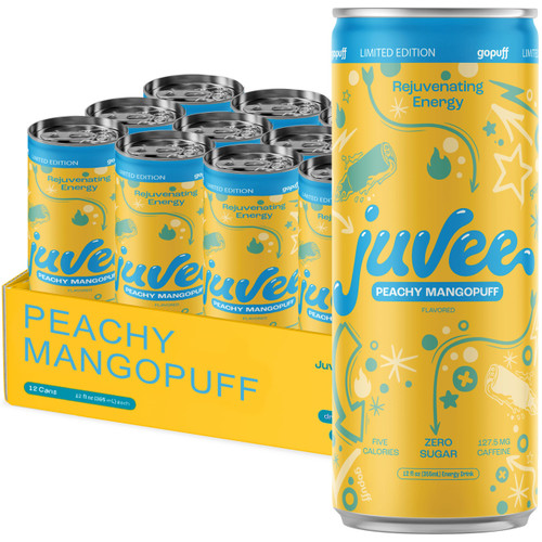 Juvee Rejuvenating Energy Drink. Peachy Mangopuff. Sugar Free Energy Drinks. Taurine, Vitamin B12, Vitamin B6. 128 Mg Of Caffeine. L-Theanine For Mood Support. Panax Ginseng For Focus. Vitamin C For Immune Support. Gluten Free 12 fl oz (Pack of 12)