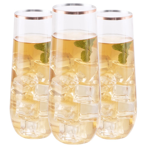 SUT 36 PCS Stemless Plastic Champagne Flutes, 9 Oz Rose Gold Rim Clear Plastic Toasting Glasses Shatterproof Cocktail Cups Mimosa Cups Stemless Glass Plastic Glasses Disposable for Wedding Parties