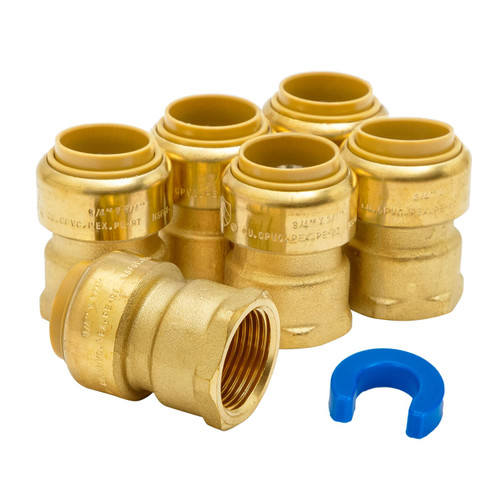 SUNGATOR 3/4 Inch Pushfit Female Adapter, No Lead Brass Push-to-Connect Plumbing Fittings to Connect PEX, Copper, CPVC, With A Disconnect Clip, Pack of 6