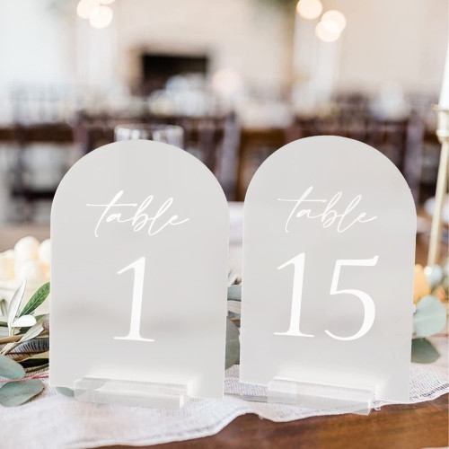 KOSKIMER Acrylic Table Numbers for Wedding Reception 1-15, Frosted Arch Wedding Table Numbers with Holders, 5x7 Inch Printed Calligraphy Table Number Signs and Holders for Wedding, Anniversary, Party, Event Decoration