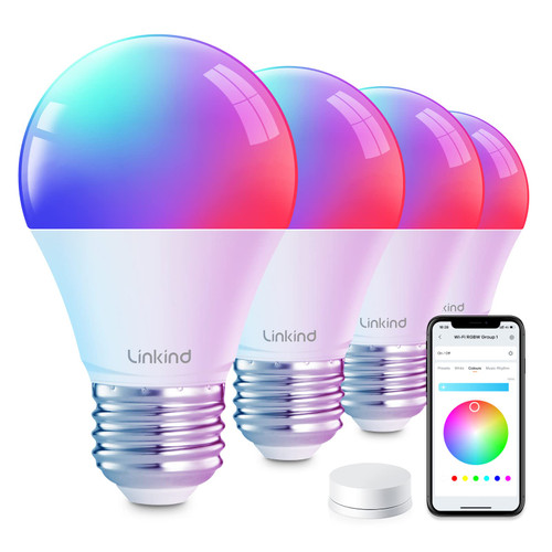 Linkind Smart Light Bulbs with Remote Control, Smart Bulb That Work with Alexa & Google Home, 16 Million Color Changing Light Bulbs 60W, A19 E26 2.4Ghz WiFi Light Dimmable,1800K-6500K,800lm 4 Pack