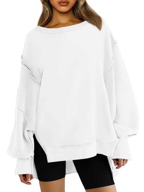 Trendy Queen Womens Oversized Sweaters Sweatshirts Crewneck Hoodies Fall Clothes Side Slit Long Sleeve Fleece Fashion Y2k Teen Girls Cute Preppy Winter Outfits 2023 White