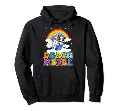 Retro Death Metal Cat Rainbow Unicorn Funny Heavy Metal Pullover Hoodie