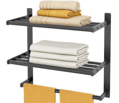 Hotel Towel Racks for Bathroom Wall Mounted, BETHOM Towel Shelf for Bathroom 3-Tier, 16 Inch Matte Black Towel Bar with Shelf