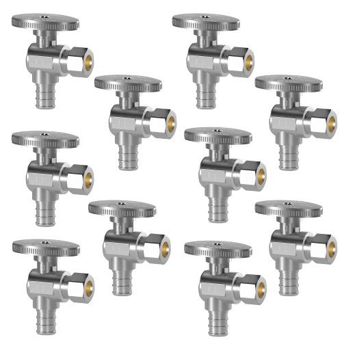 Hourleey 10 Pack Angle Stop Valve, Water Shut Off Valve 1/2" PEX x 3/8" OD Compression, Quarter?Turn Chrome Plated Brass Valve