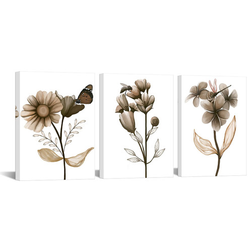 sechars 3 Piece Flower Canvas Wall Art Brown Floral Painting Art Prints Transparent Floral with Butterfly Picture Artwork Modern Bedroom Bathroom Decor Framed Ready to Hang (Brown, Small) sechars 3 Piece Flower Canvas Wall Art Brown Floral Painting Art Prints Transparent Floral with Butterfly Picture Artwork Modern Bedroom Bathroom Decor Framed Ready to Hang (Brown, Small)