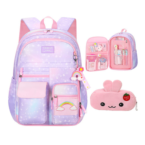 PRNGCAN Kawaii Backpack Girls Backpack Starry Rainbow Bookbag Cute Fashion Backpack Laptop Travel Bag (Purple-16.5in)