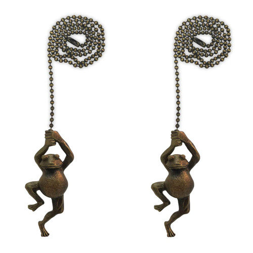 Royal Designs Celling Fan Pull Chain Extension with Swinging Frog Finial, Antique Brass, Set of 2