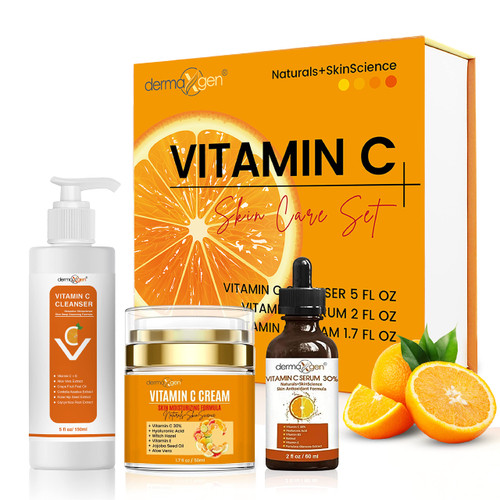 Dermaxgen Vitamin C Complete Facial Care Kit - Organic Glowing Skin Anti-Aging, Rejuvenating, Boosting Collagen & Hydrating - Day & Night Brightening Skincare Gift Set