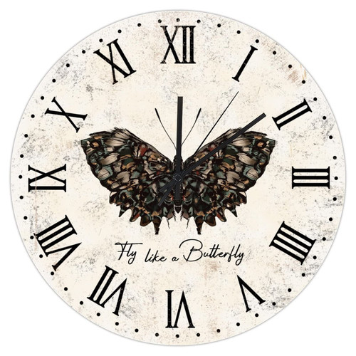 French Wooden Clock Home Decor Wall Clock Fly Like A Butterfly Colorful Morpho Butterfly 12inch Round Clock Silent Battery Operated Clock for Classroom Housewarming Birthday Gift