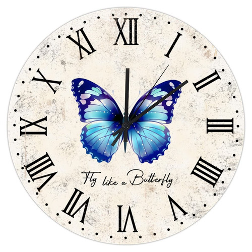 Fly Like A Butterfly Colorful Country Farmhouse Clock Kitchen Wall Art Clock Bule Morpho Butterfly Silent Battery Operated Clock for Living Room 12inch Round Wall Clock Housewarming Birthday Gift