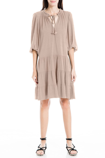 Max Studio Women's Crinkled Jersey 3/4 Sleeve Tiered Short Dress, Taupe-0T73