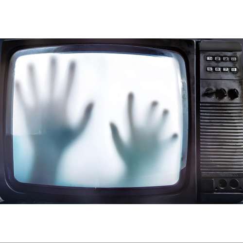 Baocicco 8x6.5ft Horror TV Palm Print Photo Backdrop Halloween Party Backdrop Horror Themed Party Halloween Zombie Party Decorations Birthday Party Movie Film Photo Booth Props Kids Adults Portrait