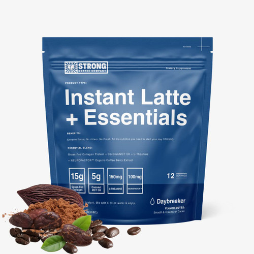 STRONG COFFEE COMPANY | DAYBREAKER | PREMIUM ORGANIC INSTANT CACAO LATTE | 12 SINGLE SERVING PER PACK - Smooth and Creamy Chocolate Taste, 15g Grass Fed Collagen Protein, L-Theanine
