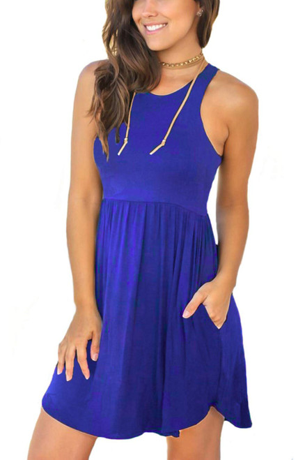 HiMONE Women's 2023 Sleeveless Loose Plain Dresses Casual Short Dress with Pockets Royal Blue Large