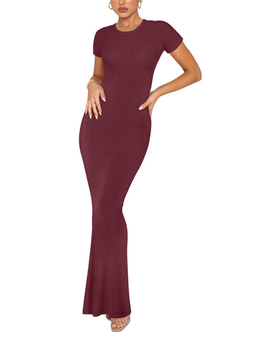 REORIA Women's Summer Sexy Casual Lounge Long Dress Elegant Wedding Guest Short Sleeve Crew Neck Bodycon Maxi Dresses Burgundy Small