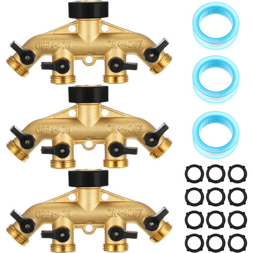 3 Pcs Brass Garden Hose Splitter 4 Way Heavy Duty Hose Connector 3/4" Water Hose Splitter 4 Valves Hose Spigot Adapter Hose Bib Manifold with 12 Rubber Washers and 3 Tapes for Water Faucet Spigot