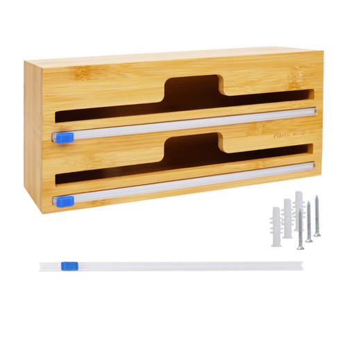 TIH Bamboo Foil and Plastic Wrap Dispenser with 3 Cutter, 2 in 1 Plastic Wrap Organizer for Kitchen Drawer, Wall Mount Wrap Organizer for Aluminum Foil, Wax and Parchment Paper, Up to 12" Roll