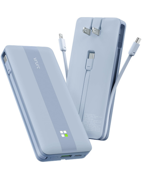 VRURC Portable Charger, 22.5W Fast Charging Power Bank with Built-in Cables & AC Wall Plug, 10000mAh Battery Pack(QC4.0 PD3.0), USB C with 4 Output 2 Input, Compatible with iPhone Samsung etc - Blue