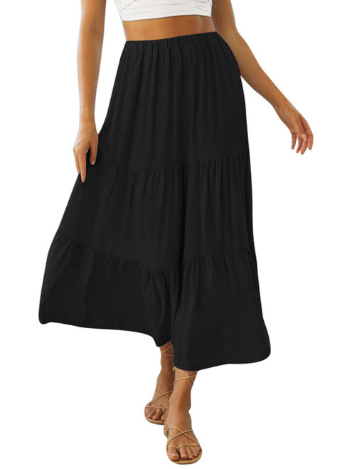 ZESICA Women's 2023 Summer Solid Color Elastic High Waist Flowy A Line Maxi Skirt with Pockets,Black,Small