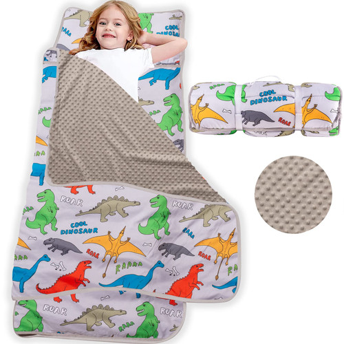 Nap Mat- Toddler Nap Mat with Pillow & Fleece Blanket- 55''*23''*2'' Nap Mat for Toddlers- Nap Mats for Preschool, Daycare(Grey Dinosaur)