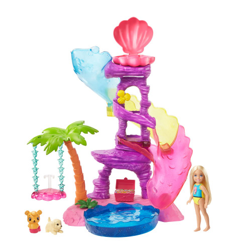 Barbie Dreamtopia Chelsea Water Lagoon Playset with Chelsea Doll (6 in Blonde), 2 Pets, Slide, Pool & Swing, Gift for 3 to 7 Year Olds