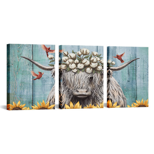 sechars 3 Pieces Farm Animal Canvas Wall Art Funny Highland Cow with Red Cardinal Birds Painting Artwork Rustic Farmhouse Poster Art Prints Framed for Living Room Bedroom Kitchen Decor Ready to Hang