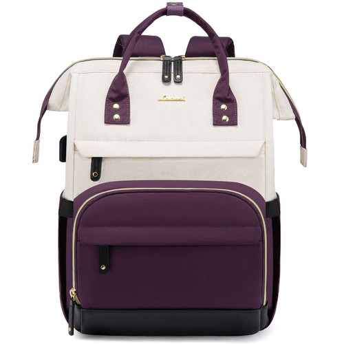 LOVEVOOK Laptop Backpack Purse for Women, Nurse Work Business Travel Backpack Bag, Wide Open Backpack, Lightweight Water Resistent Daypack with USB Charging Port, 15.6 inch, Beige-Purple-Black