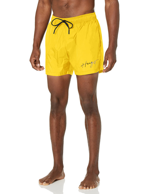 HUGO Mens Script Logo Swim Trunks, Pineapple Yellow/Solid Black Script, Small US