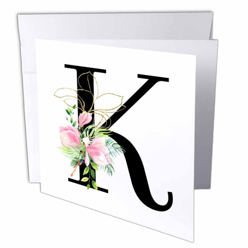 3dRose Chic Black Monogram Initial K With Pretty Pink Flowers - Greeting Cards (gc-377545-2)