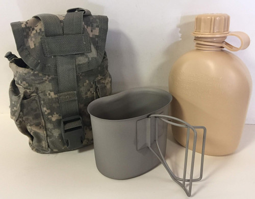 NEW, G.I. Style, U.S Made 1 QT Canteen with STAINLESS STEEL CUP and G.I. Military ACU MOLLE II Pouch. (Desert Tan)
