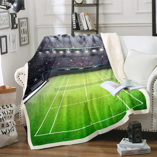 Erosebridal Tennis Sherpa Blanket Green Tennis Court Fleece Blanket for Kids Teen Boys Young Man Audience Stand Blanket Throw Outdoor Sports Games Fuzzy Blanket Sofa Decor Throw 50"x60"
