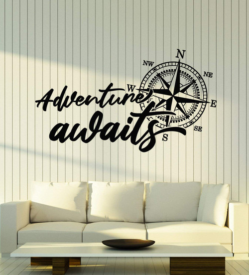 Vinyl Wall Decal Compass Adventure Awaits Inspiring Quote Stickers Mural Large Decor (g4973) Black Vinyl Wall Decal Compass Adventure Awaits Inspiring Quote Stickers Mural Large Decor (g4973) Black