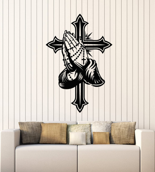 Vinyl Wall Decal Pray Religion Cross Prayer Room Christian Symbol Stickers Mural Large Decor (g7521) Black