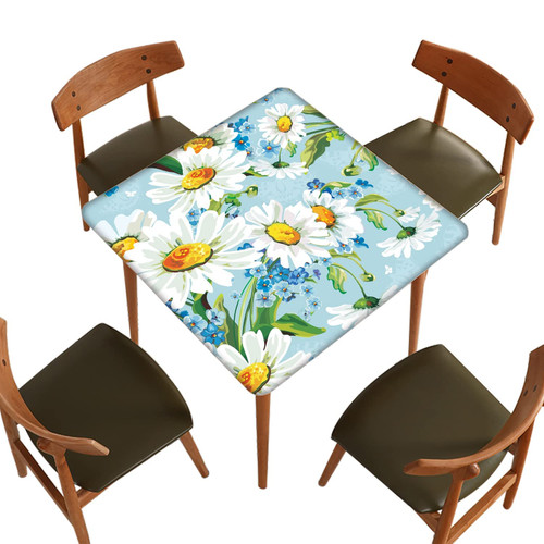SongYi Flower Fitted Polyester Tablecloth Square, White Daisy Floral Elastic Edge Home Decor Table Cover, Splash Proof Wrinkle Resistant Table Clothes For Garden Patio Picnic Use, Fits 42" x 42" Table