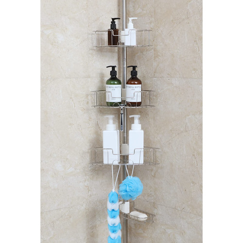 shower caddy corner organizer for bathroom,caddy shelves cirner storage bathtub shampoo holder rack with rustproof stainless tension pole 4-tier adjustable stand on floor 100-130 inches height
