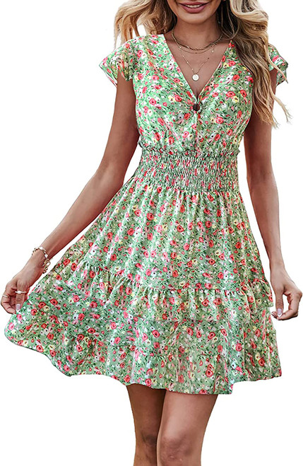 PRETTYGARDEN Womens Summer Floral Smocked Short Dress Flowy Ruffle Short Sleeve Mini Dress Boho V Neck Tiered Beach Sun Dress(X-Large, Bean Green)